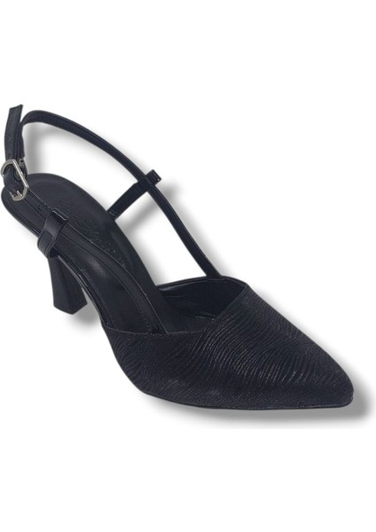 4001 Kadın Siyah Burnu Kapalı Arkası Açık Pırıltılı Stiletto Ayakkabı fırsatları