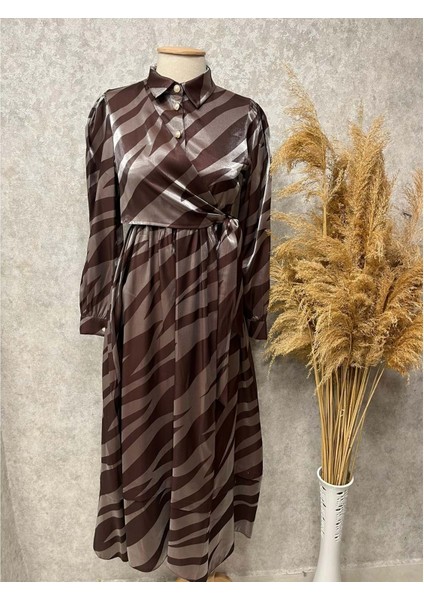 25Y3416 Elbise Saten Zebra Desen Beli Bağlamalı - Vishne - 25Y3416 - Kahve - 42