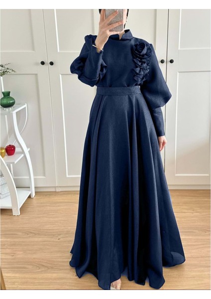 25Y4725 Abiye Balon Kol Göğüs Gül Detaylı Beli Kemerli - Tane - 25Y4725 - Lacı - 40