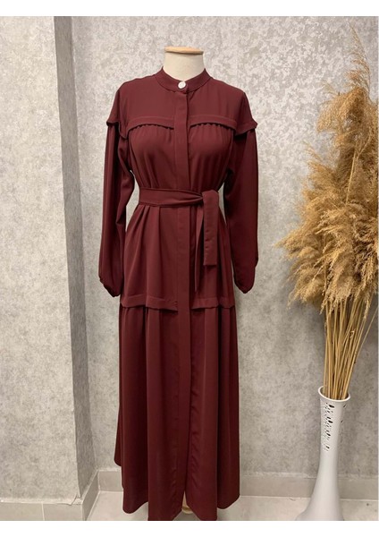 25Y7119 Elbise Gizli Patlı Kuşaklı - Naqshe - 25Y7119 - Bordo - 44