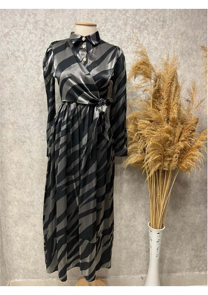 25Y3416 Elbise Saten Zebra Desen Beli Bağlamalı - Vishne - 25Y3416 - Siyah - 38