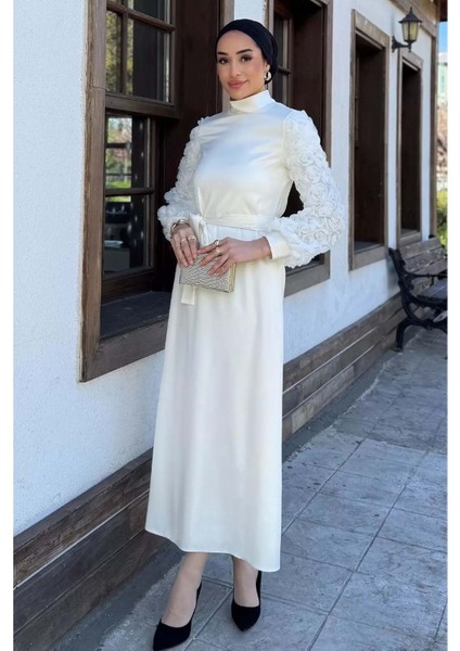 25Y4660 Elbise Abiye Saten Jkolları Gül Detaylı - Tane - 25Y4660 - Beyaz - 44