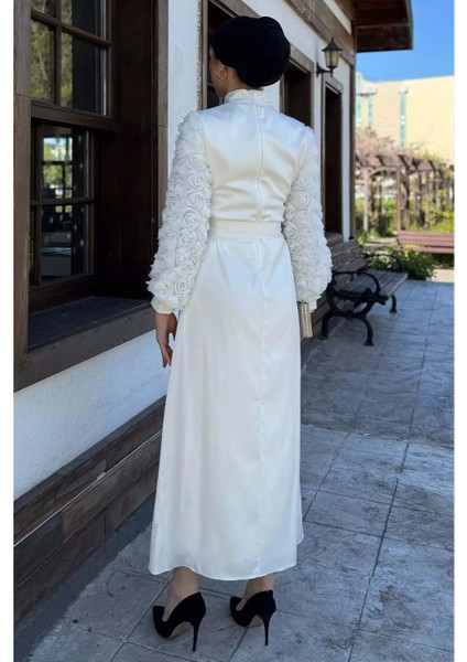 25Y4660 Elbise Abiye Saten Jkolları Gül Detaylı - Tane - 25Y4660 - Beyaz - 44 fiyatları