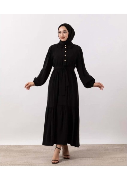 25Y9588 Elbise Yarım Düğme Kapama Kol Lastikli - Rumella - 25Y9588 - Siyah - 38