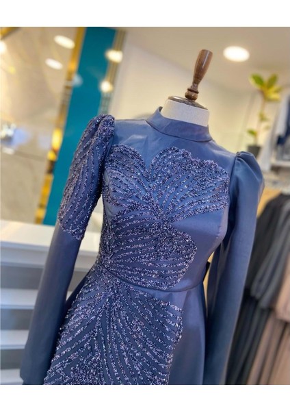 25Y4993 Hennin Abiye Elbise Simli Kumaş Prenses Model Taş Işlemeli - Hennin - 25Y4993 - Lacı - 40