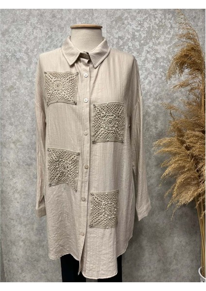 25Y170145 Tunik Ön Dantel ve Boncuk Işlemeli - Aynaz - 25Y170145 - Taş - Standart