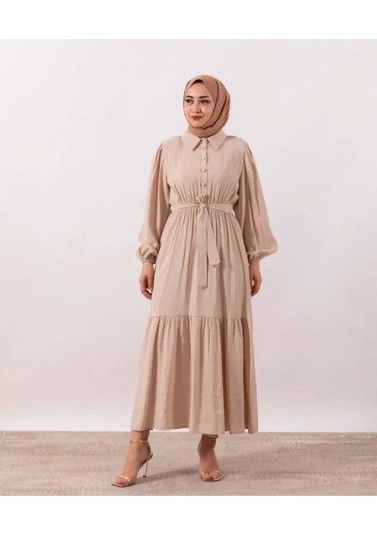 25Y9588 Elbise Yarım Düğme Kapama Kol Lastikli - Rumella - 25Y9588 - Bej - 38