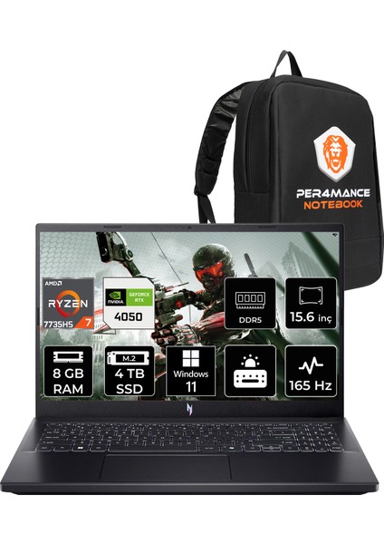 Nitro V 15 Amd Ryzen 7 7735HS 8gb 4tb SSD RTX4050/6GB 75W 15.6" Fhd 165Hz Windows 11 Home Taşınabilir Bilgisayar & Per4 Çanta NHQSGEY004P345