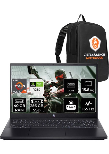 Nitro V 15 Amd Ryzen 7 7735HS 40GB 256GB SSD RTX4050/6GB 75W 15.6" Fhd 165Hz Freedos Taşınabilir Bilgisayar & Per4 Çanta NHQSGEY004P321