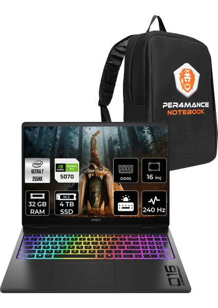 Omen Max 16 Intel Core Ultra 7 255HX 32GB 4tb SSD RTX5070/8GB 16" Qhd+ 240Hz Freedos Taşınabilir Bilgisayar & Per4 Çanta B92QWEAPN320