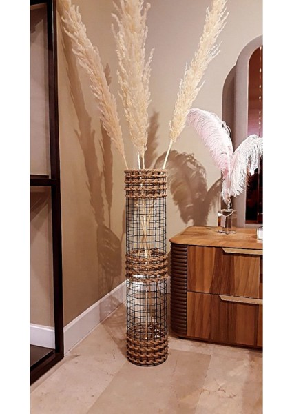 Metal Tel Hasır Örgülü Özel Tasarım Pampas Vazosu Üç Örgü 70 cm