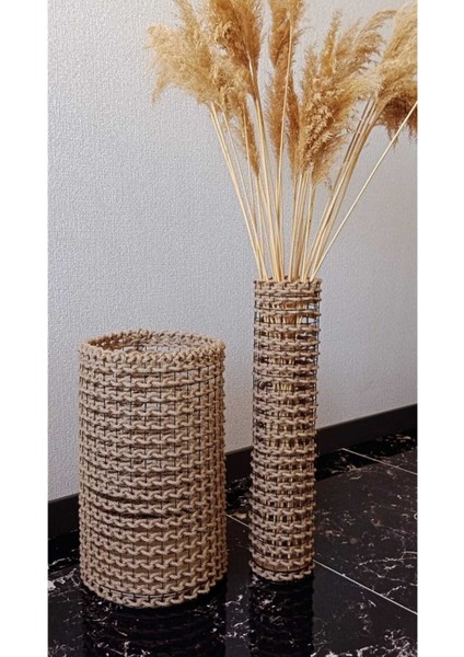 Özel Tasarım Doğal Hasır Örgü Vazo Çamaşır Sepeti 2li Set Düzenleyici