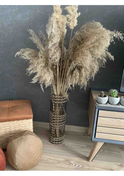 Metal Tel Hasır Örgülü Özel Tasarım Pampas Vazosu Üç Örgü 50 cm