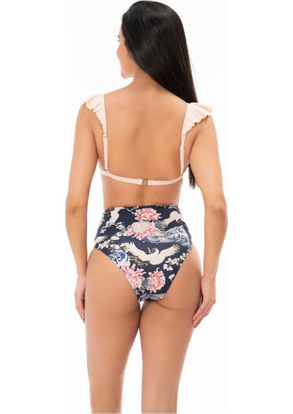 2025 Kreasyonu Krem, Siyah Etnik Japon Desenli Bikini Takımı
