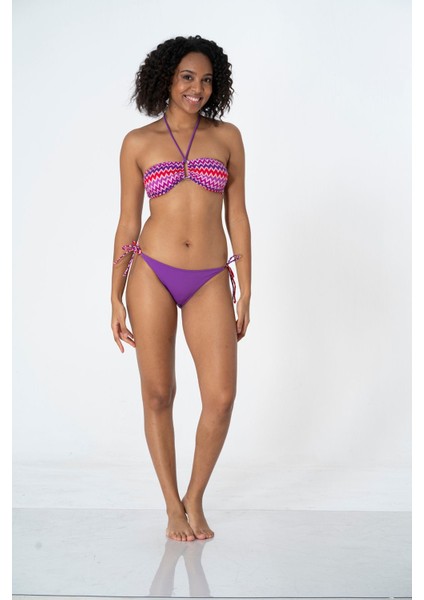 Kreasyonu Mor, Kırmızı, Pembe Zigzag Desenli Straplez Bikini Takımı