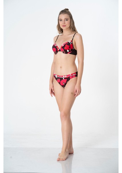 2025 Kreasyonu Kırmızı Kahve Rengi Çiçek Desenli Bikini Takımı