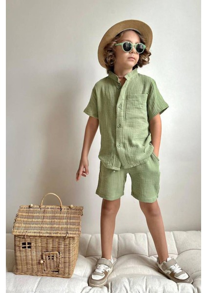 Nefes Alan Müslin Kumaş Cepli Yazlık Erkek Çocuk Rahat Takım - Yeşil