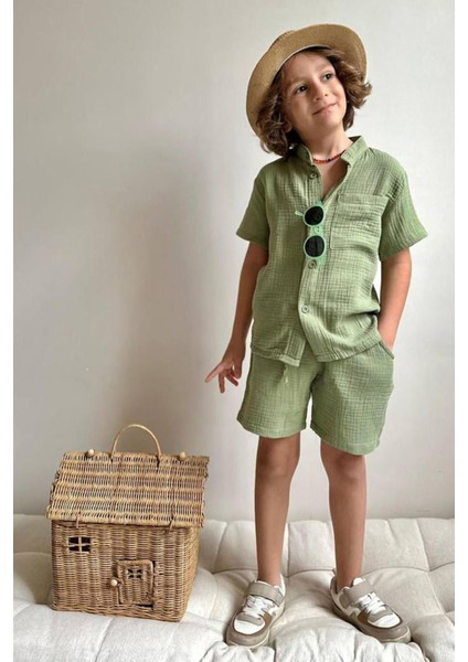 Nefes Alan Müslin Kumaş Cepli Yazlık Erkek Çocuk Rahat Takım - Yeşil fiyatları