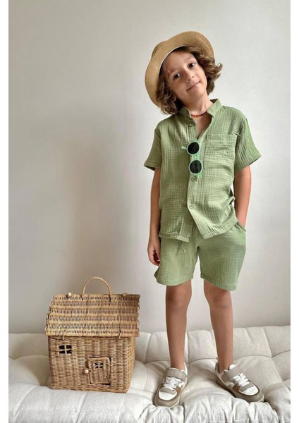 Nefes Alan Müslin Kumaş Cepli Yazlık Erkek Çocuk Rahat Takım - Yeşil modelleri