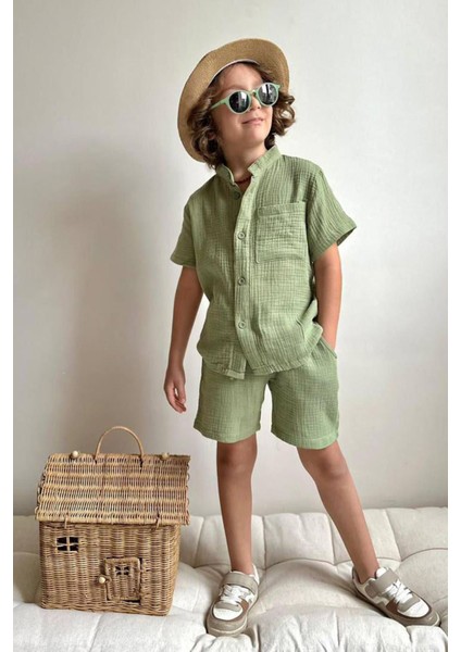 Nefes Alan Müslin Kumaş Cepli Yazlık Erkek Çocuk Rahat Takım - Yeşil fırsatları