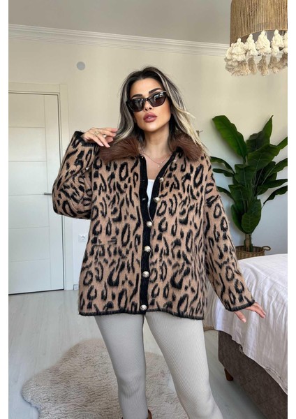 Kürk Yaka Sakallı Leopar Hırka Kahverengi