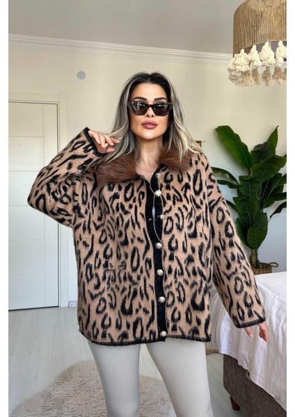 Kürk Yaka Sakallı Leopar Hırka Kahverengi