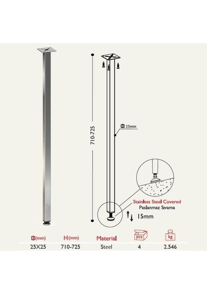 Masa Ayağı 11.125 - 25*25MM (4 Adet) Metalik Gri fiyatları