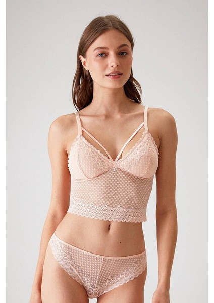 Şerit Detaylı Dantelli Sütyen Takım Somon