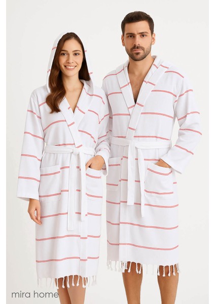 Kapşonlu Unisex Beyaz Çizgili Banyo Deniz Plaj Peştemal Bornozu Pamuklu