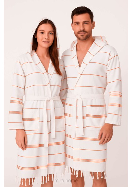 Kapşonlu Unisex Beyaz Çizgili Banyo Deniz Plaj Peştemal Bornozu Pamuklu fiyatları