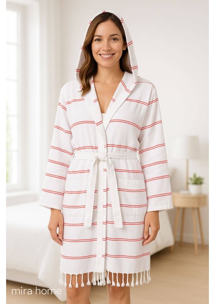 Kapşonlu Unisex Beyaz Çizgili Banyo Deniz Plaj Peştemal Bornozu Pamuklu modelleri