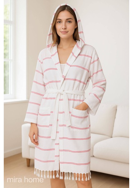 Kapşonlu Unisex Beyaz Çizgili Banyo Deniz Plaj Peştemal Bornozu Pamuklu fırsatları