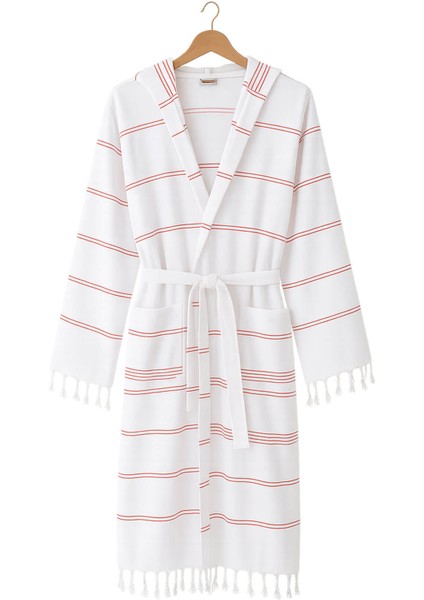Kapşonlu Unisex Beyaz Çizgili Banyo Deniz Plaj Peştemal Bornozu Pamuklu indirimleri
