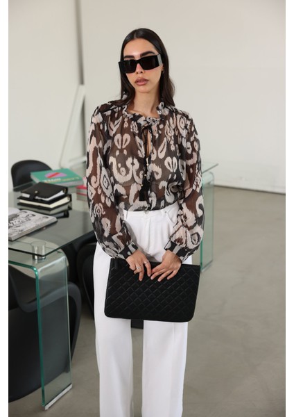 Desenli Gold Düğmeli Balon Kol Gömlek