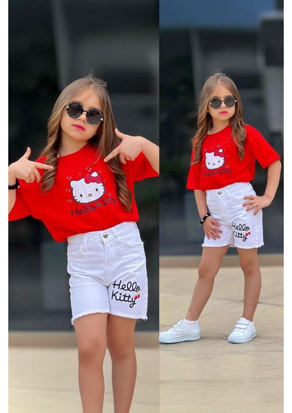 Hll Kty Baskılı Kot Şortlu Kız Çocuk 2 li takım - Kırmızı