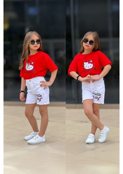Hll Kty Baskılı Kot Şortlu Kız Çocuk 2 li takım - Kırmızı fiyatları
