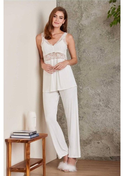 Dantelli Sabahlıklı Penye Pijama Takımı Ekru fiyatları