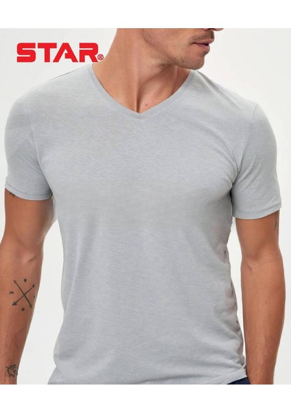 Erkek Gri Saf Pamuk V Yaka Kısakol T-Shirt ( Fanila )