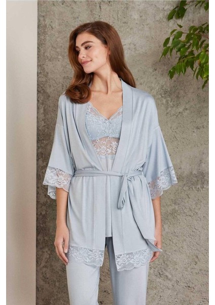 Dantelli Sabahlıklı Penye Pijama Takımı Mist