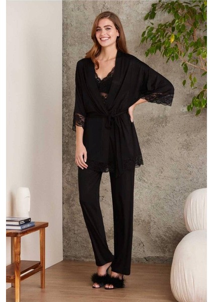 Dantelli Sabahlıklı Penye Pijama Takımı Siyah