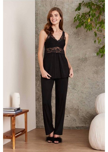 Dantelli Sabahlıklı Penye Pijama Takımı Siyah fiyatları