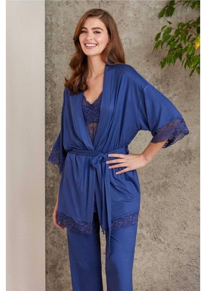 Dantelli Sabahlıklı Penye Pijama Takımı Lacivert