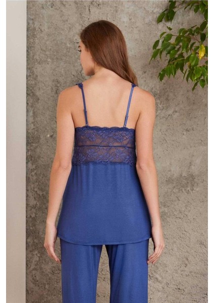 Dantelli Sabahlıklı Penye Pijama Takımı Lacivert