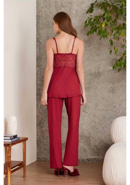 Dantelli Sabahlıklı Penye Pijama Takımı Bordo fiyatları