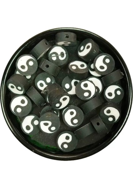 90 Adet 10 mm Polimer Kil Fimo Boncuk Takı Bileklik + 5 Metre Lastikli Misina Hediye - Yin Yang