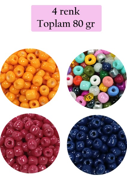 Dökme Cam Kum Boncuk Büyük Boy (6/0) 4 mm - 4 Renk - Toplam 80 Gram - Bnc413