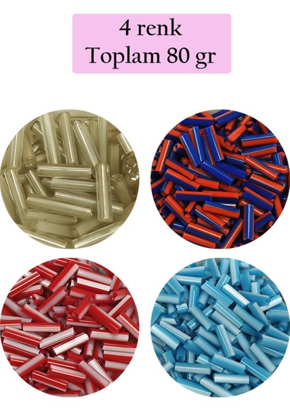 Uzun Boru Kesme Boncuk Çap 2mm Uzunluk 10 mm - 4 Renk - Toplam 80 Gram - Bnc429