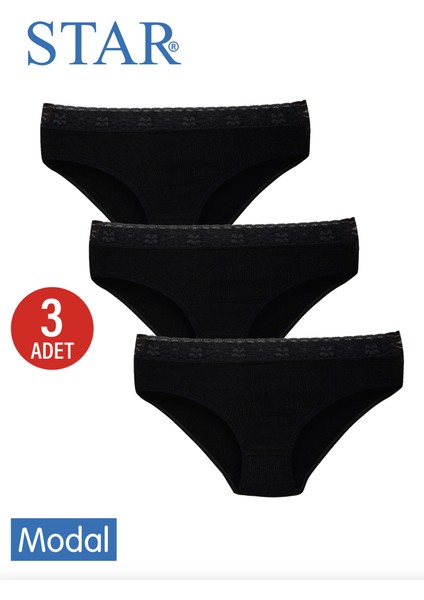 Kadın 3 Lü Siyah Modal Beli Dantel Detaylı Bikini Külot