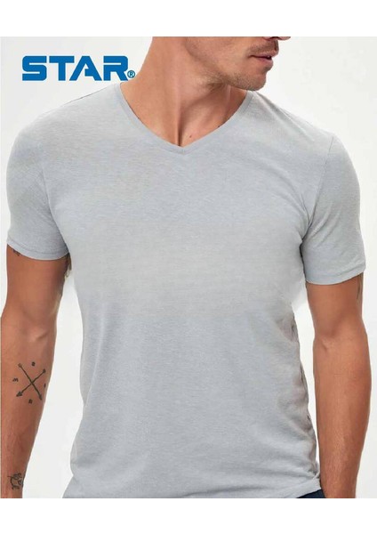 Erkek Gri Modal V Yaka T-Shirt