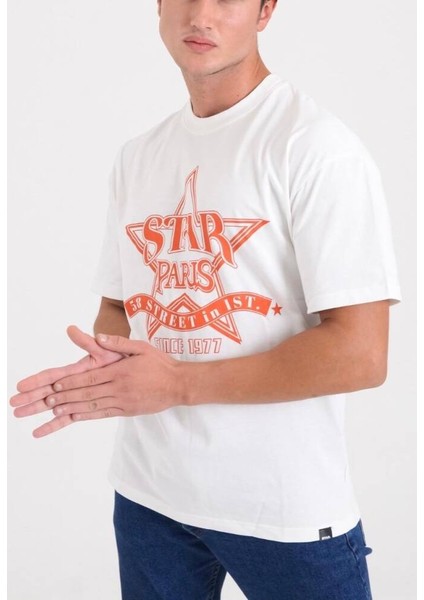 Erkek Beyaz Oversize Star Paris Baskılı T-Shirt fiyatları